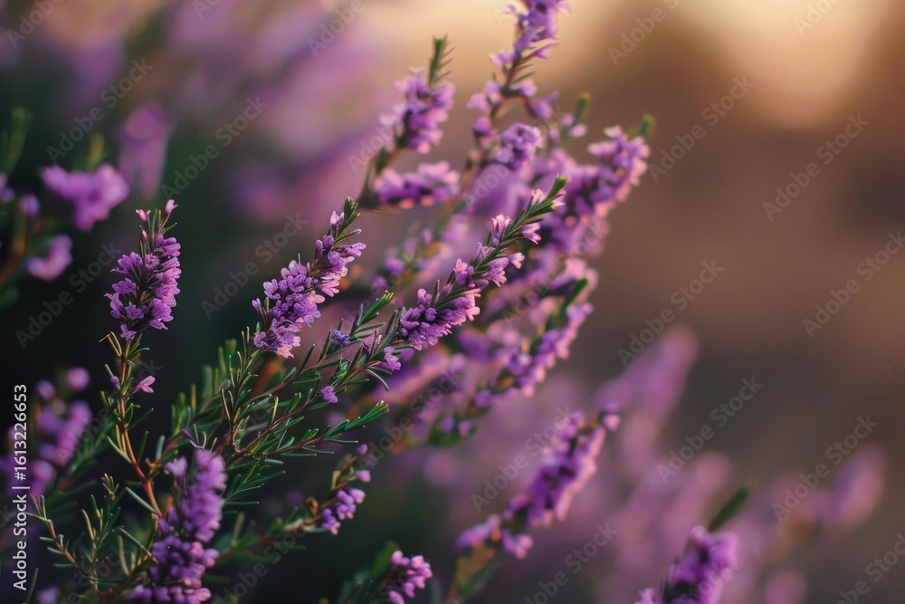 Fototapeta premium Heather flowers blooming in soft sunset light, creating a dreamy and tranquil scene