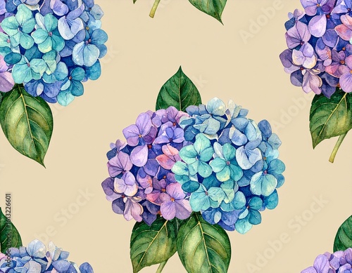 Generated image Repeating Hydrangea Clusters on Beige Background