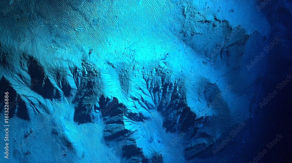 Naklejka premium Underwater canyon with cascading blue layers creating a liquid avalanche visible through sonar-like ripples.