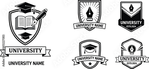 Collection of university crests and emblems featuring academic symbols and typography