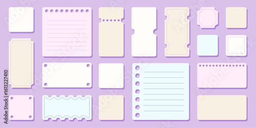 School and office sticker set with different tickets and labels shapes with stabbing and places to write reminders. Memos, adhesive papers. Graphic design elements. Vector illustration.