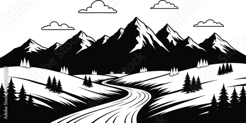 Dramatic black and white mountain landscape with winding road and pine trees