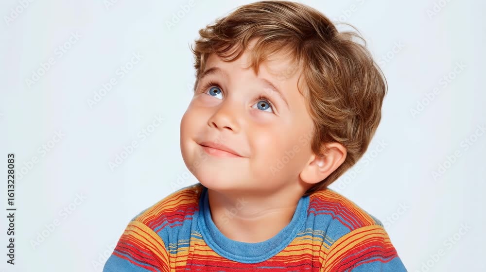 Young Caucasian boy with curly brown hair, wearing a colorful striped shirt, looking thoughtfully to the side against a plain background. Young Caucasian boy with curly brown hair, wearing a colorful striped shirt, looking thoughtfully to the side against a plain background.