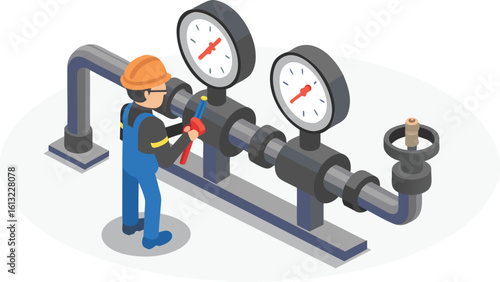 An isometric view of a worker adjusting valves with pressure gauges on a complex piping system