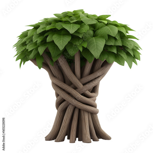 Braided Tree Trunk with Dense Leaf Crown in Stylized Form