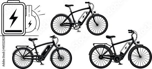 Electric bicycle options and charging battery symbol illustration