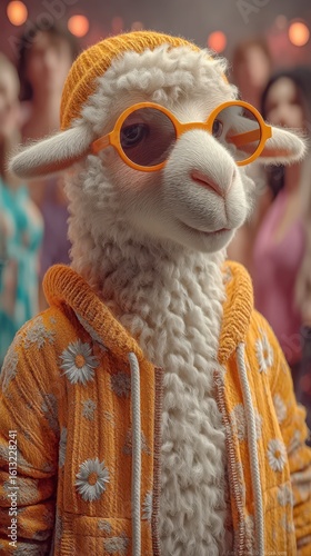 Stylish sheep in orange glasses and hoodie enjoys a lively party atmosphere with cheerful crowd in the background