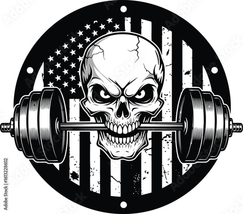 Skull with Barbell Against American Flag Symbol of Strength and Patriotism Fitness and Gym Motivation