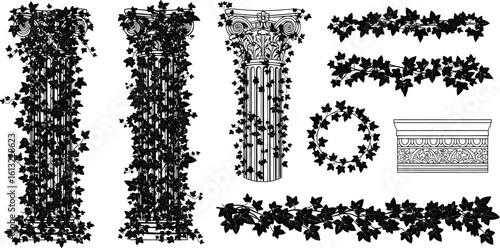 Decorative victorian architectural elements with lush green ivy vines and floral patterns