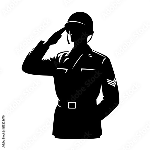 Black and White Vector Silhouette of a Soldier Saluting