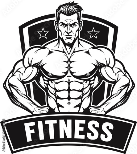 Strong fitness man with muscular physique vector illustration for gym logo or fitness center advertising concept representing power and determination