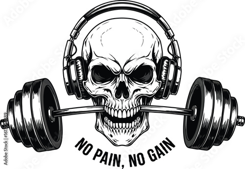 Skull with Headphones and Barbell Embracing Fitness and Perseverance for Motivational Illustrations and Designs