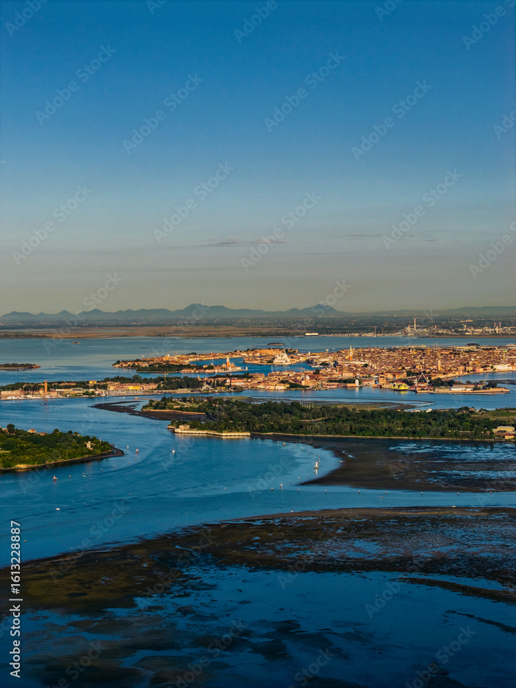 Vertical aerial view of Venice and the lagoon at sunrise Vertical aerial view of Venice and the lagoon at sunrise