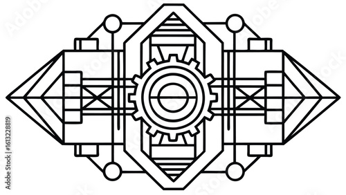 Detailed line art illustration of a symmetrical mechanical device with gear and geometric shapes