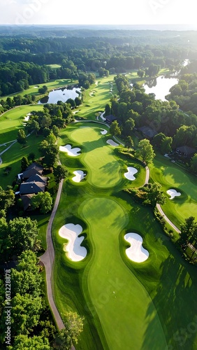 Aerial view of golf course with lush green fairways and bunkers