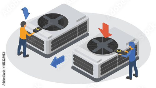 Isometric view of two technicians servicing air conditioning units with arrows indicating airflow direction