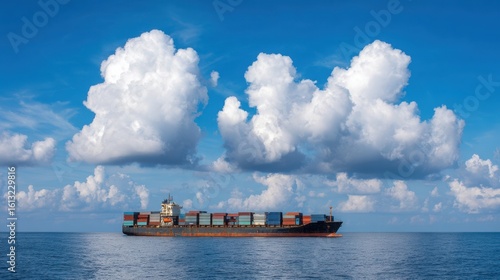 Fully loaded cargo ship on calm sea, side view.Global trade efficiency, maritime logistics and sustainable shipping,