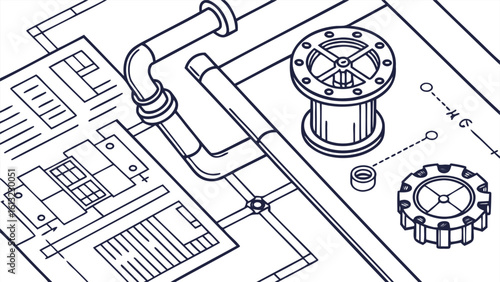 Isometric engineering drawing featuring pipes flanges gears and architectural plans in black and white lines