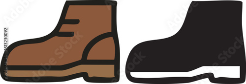 A stylized illustration of two work boots, one brown and one black, on a white background.