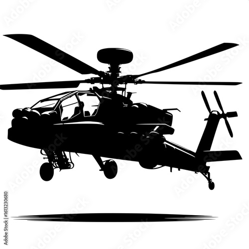Black and White Vector Silhouette of a Military Helicopter in Air