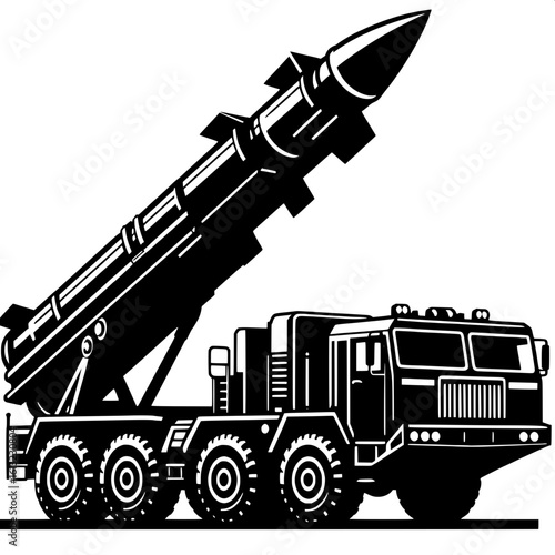 Black and White Vector Silhouette of a Missile Launcher Vehicle