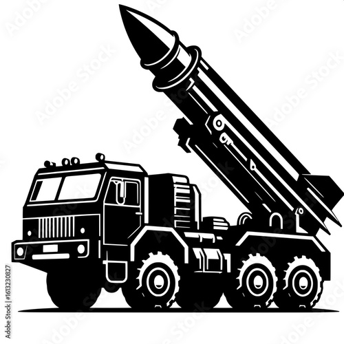 Black and White Vector Silhouette of a Missile Launcher Vehicle