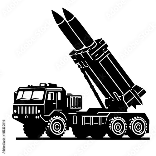 Black and White Vector Silhouette of a Missile Launcher Vehicle