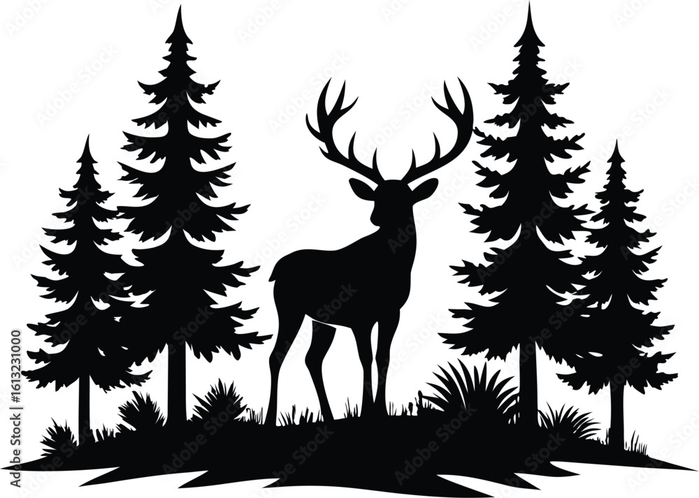 Fototapeta premium Deer with pine trees silhouette vector, Reindeer and forest scenery. black color