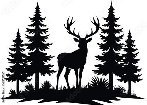 Deer with pine trees silhouette vector, Reindeer and forest scenery. black color
