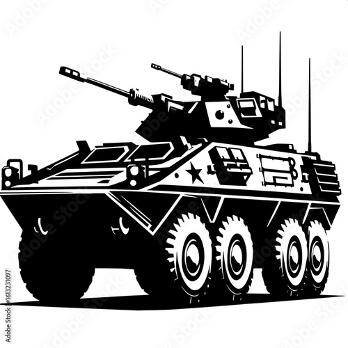 Black and White Vector Silhouette of an Armored Personnel Carrier (APC)