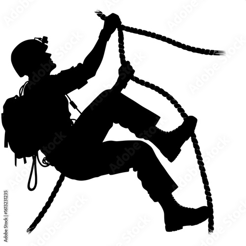 Black and White Vector Silhouette of a Soldier Climbing Rope
