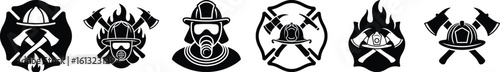 Firefighter helmet, axe, and flame silhouette vector icons for fire department, rescue, and emergency service design