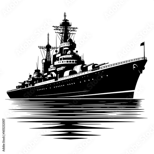 Black and White Vector Silhouette of Warship on Water