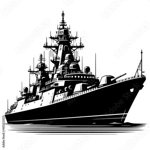 Black and White Vector Silhouette of Warship on Water