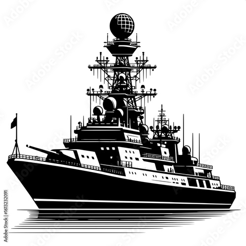 Black and White Vector Silhouette of Warship on Water