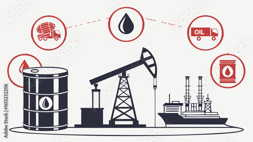 Illustration of oil production and transportation with oil pump truck and tanker illustration