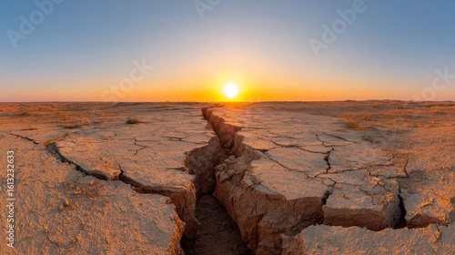Large fissure bisects cracked earth at sunrise.
