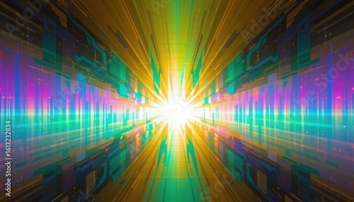 Abstract colorful vector background with glowing light waves starburst and digital energy pattern in blue rainbow tones.