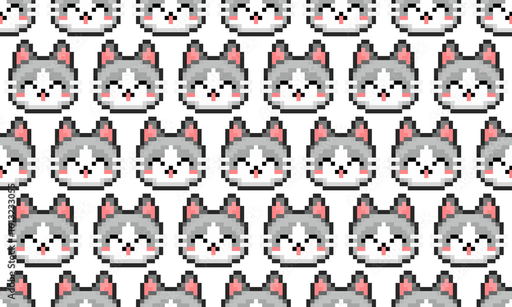 Obraz premium 猫 ドット絵のシームレスパターン – 02, ラグドール柄のピクセル猫, 背景・包装紙・布素材向け 