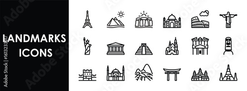 Set of 18 landmark icons. Editable line icons. Vector illustration