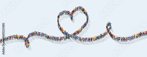 Large group of people in the heart sign shape background. Single line.