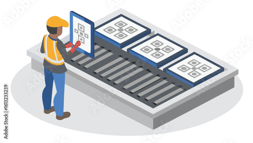 Worker inspecting qr codes on a conveyor belt in a factory setting with safety gear and careful attention