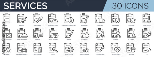 Set of 30 outline icons related to  services. Linear icon collection. Editable stroke. Vector illustration