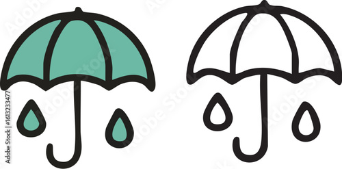 Two simple hand-drawn umbrella icons with raindrops, one in color and one as an outline.