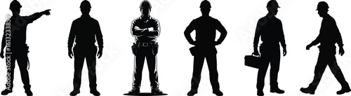 Worker silhouette vector set with construction helmet and tool for labor, industry, and safety themed illustration