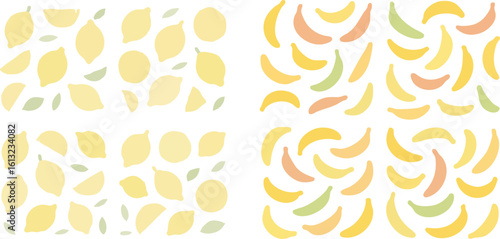 Set of four seamless patterns with lemons and bananas in pastel colors.
