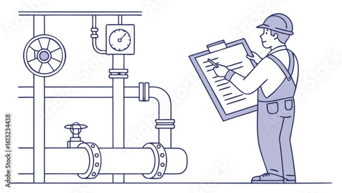 Man in overalls and hard hat inspecting pipes with gauge and valves while holding clipboard and pen