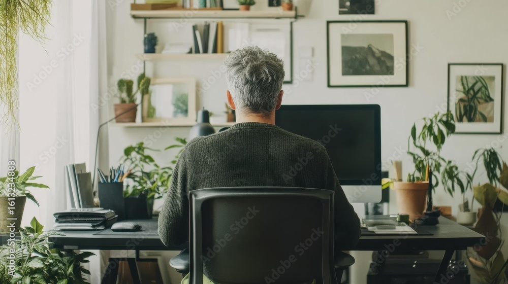 Mature Caucasian man working on computer in home office Mature Caucasian man working on computer in home office