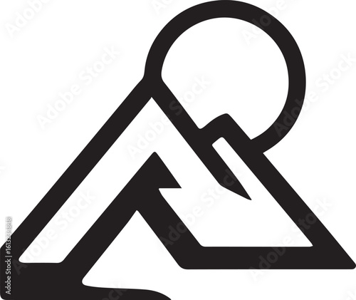 Geometric mountain peak with sun symbol isolated on white background