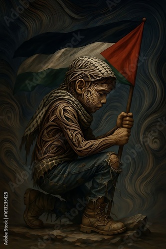 Surreal Digital Art of a Kneeling Palestinian Child Holding Flag – Symbol of Resistance and Hope
statue of jesus